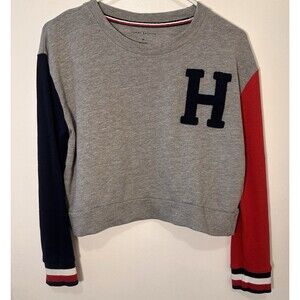 Tommy Hilfiger Cropped Sweatshirt Medium Colorblock Varsity H Logo